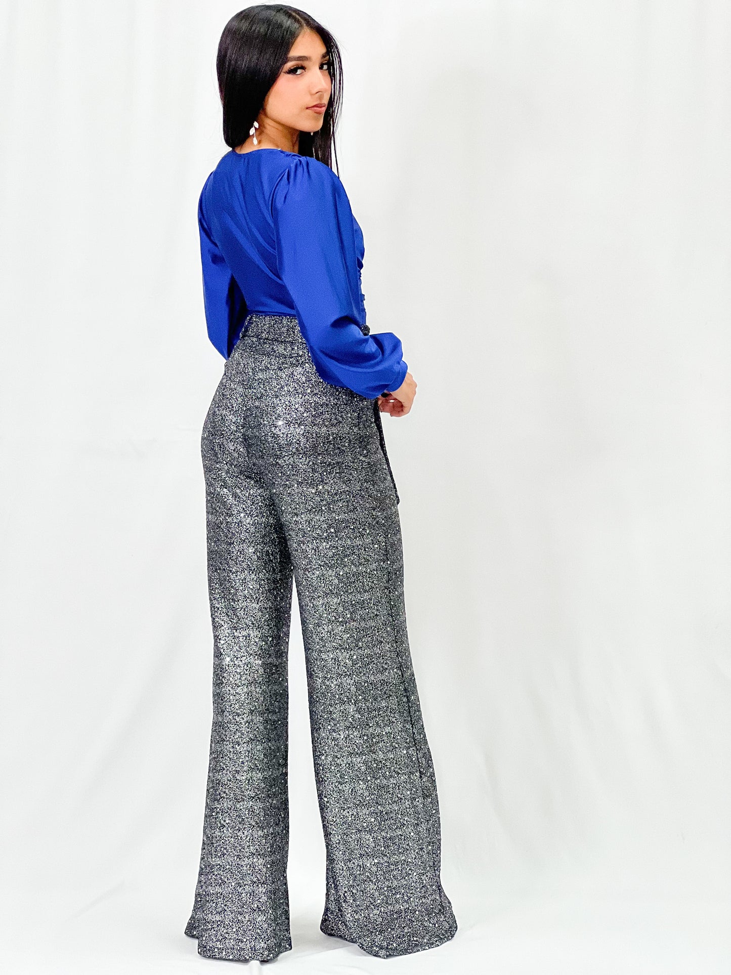 Wide Leg Shiny Belt Pants