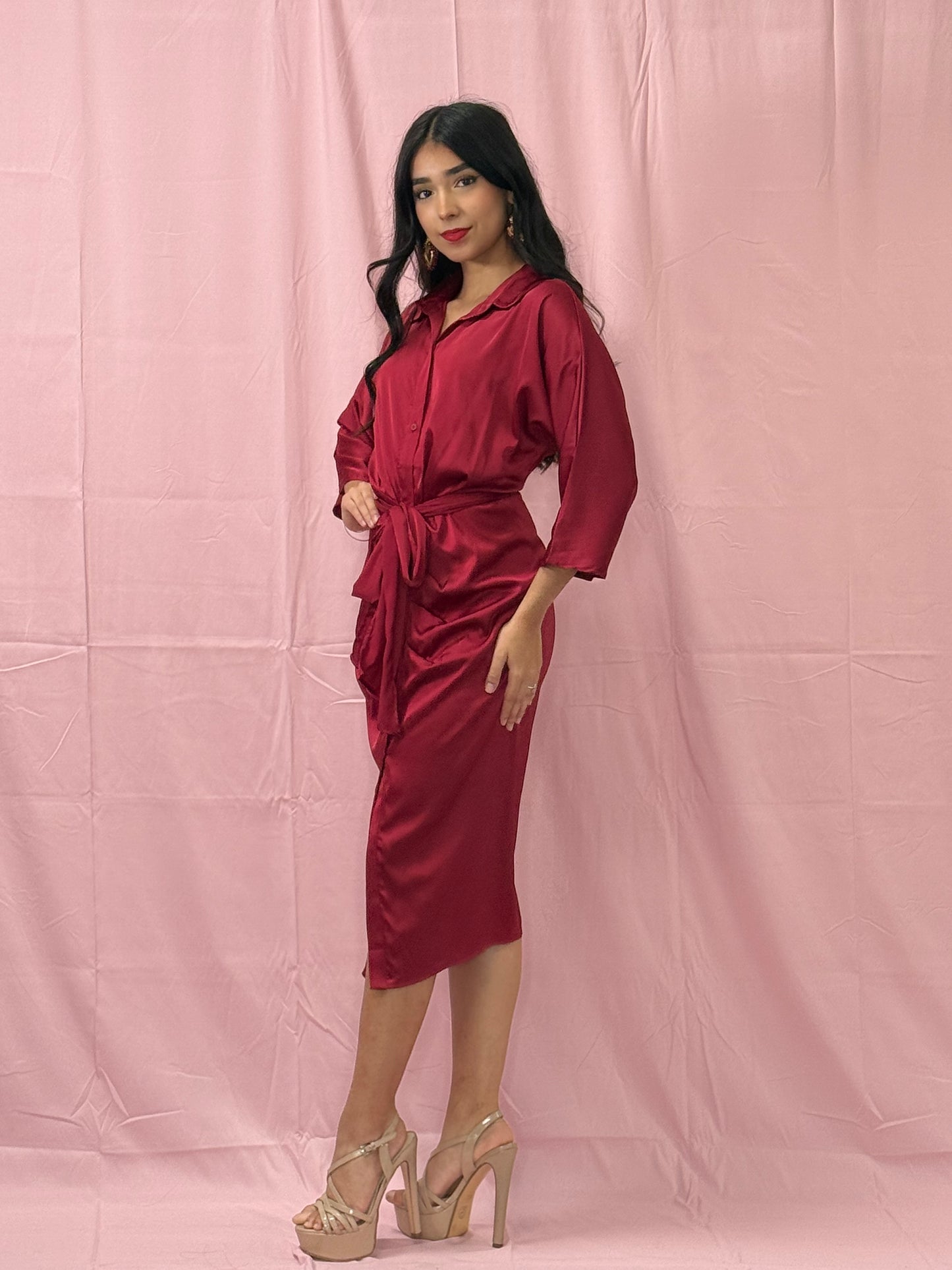 Button Down Satin Midi Dress