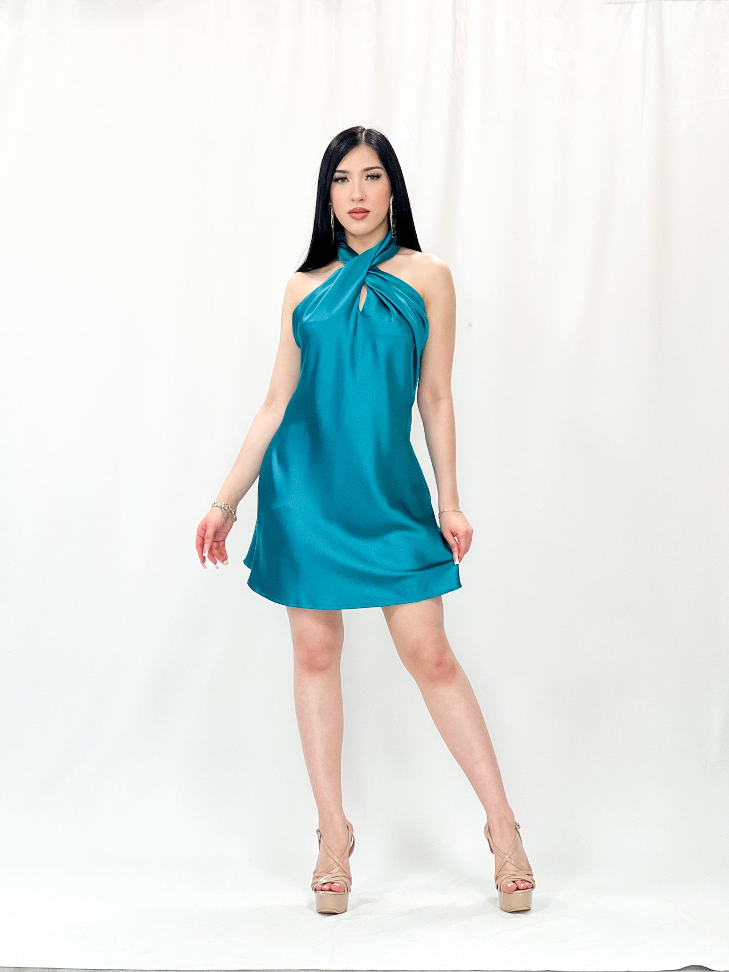 Halter Twist Satin Mini Dress