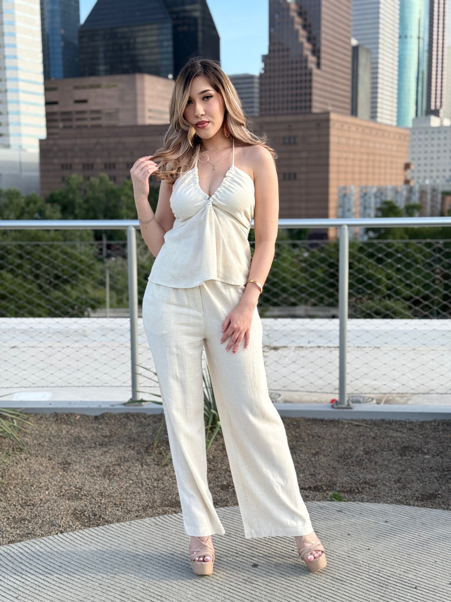 Halter Smocked Top And Elastic Waisted Long Pants set