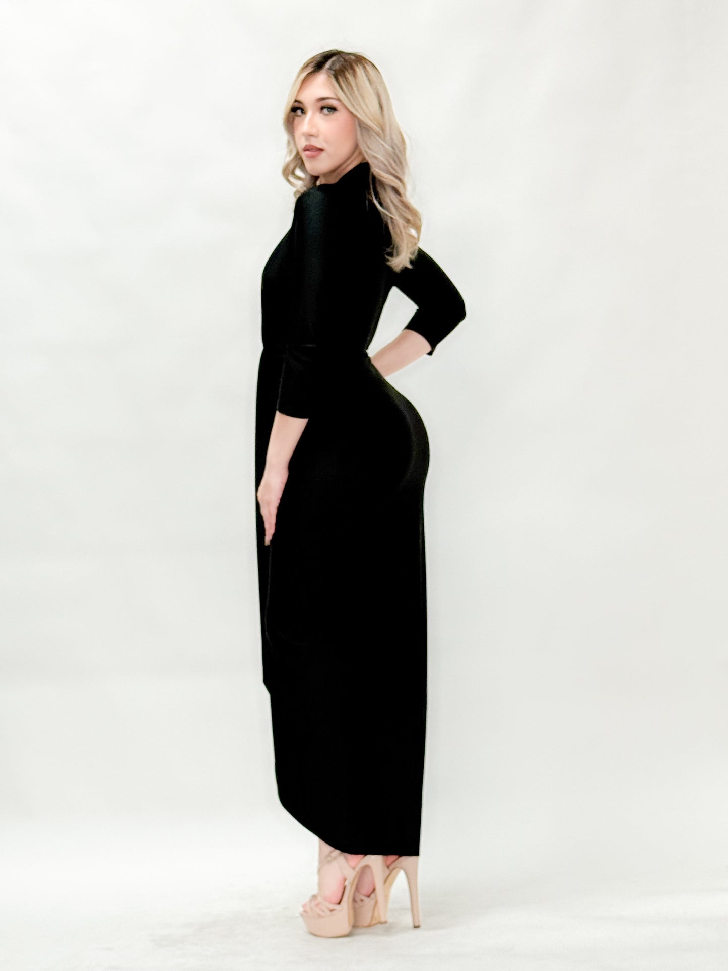 Open Front Midi Dress 3/4 Sleeves