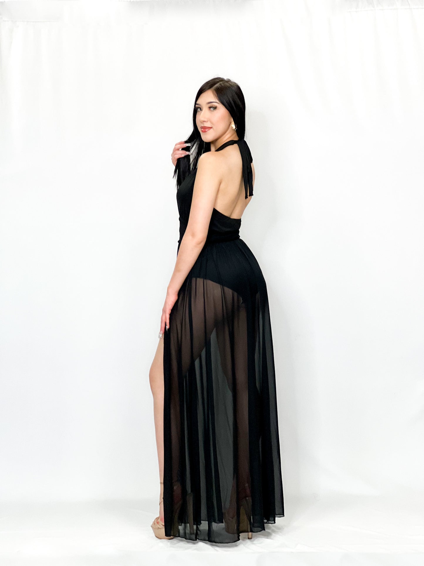 Halter Neck Ruched Mesh Overlay Bodysuit