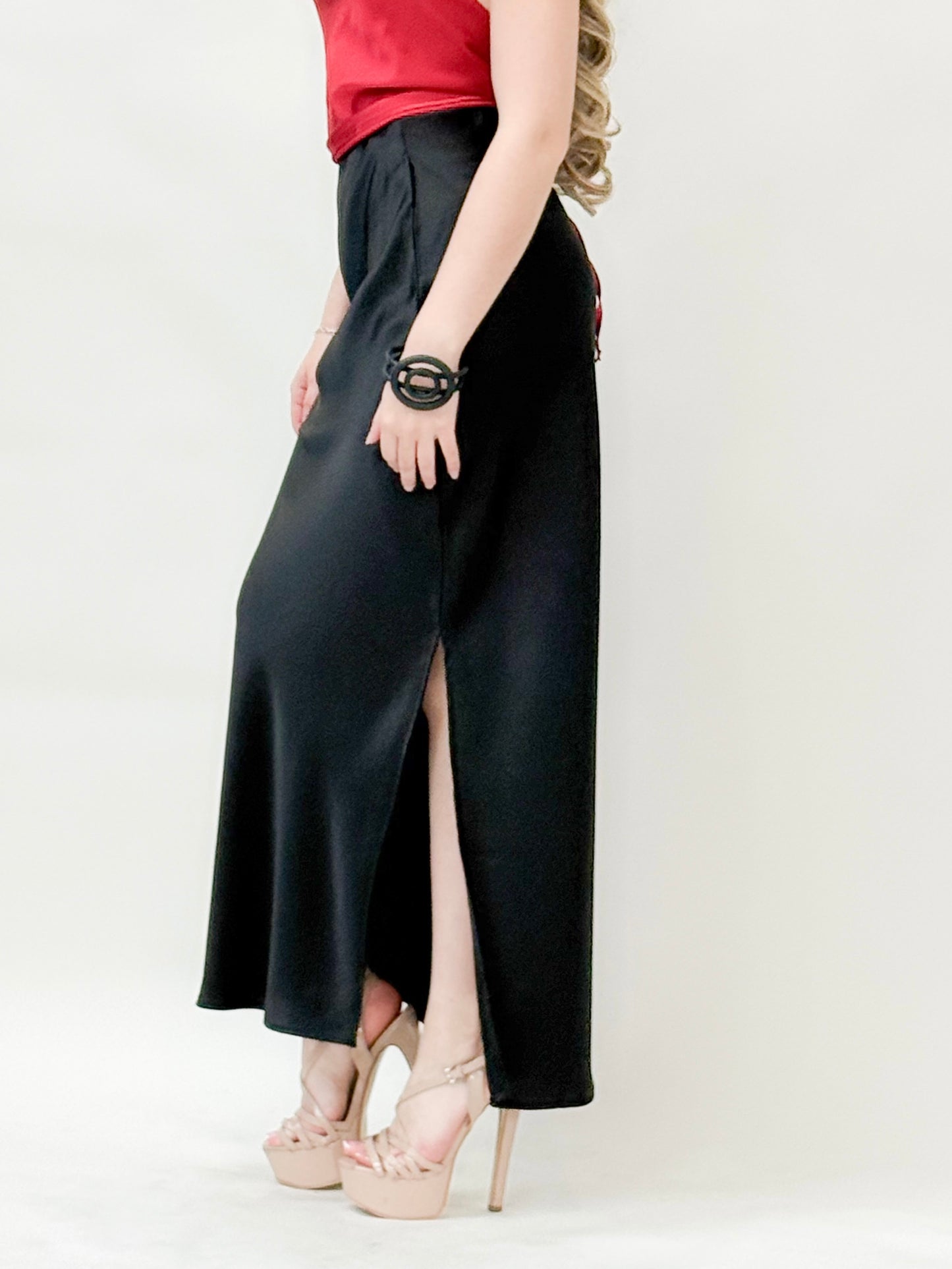 Satin High-Slit Maxi Skirt