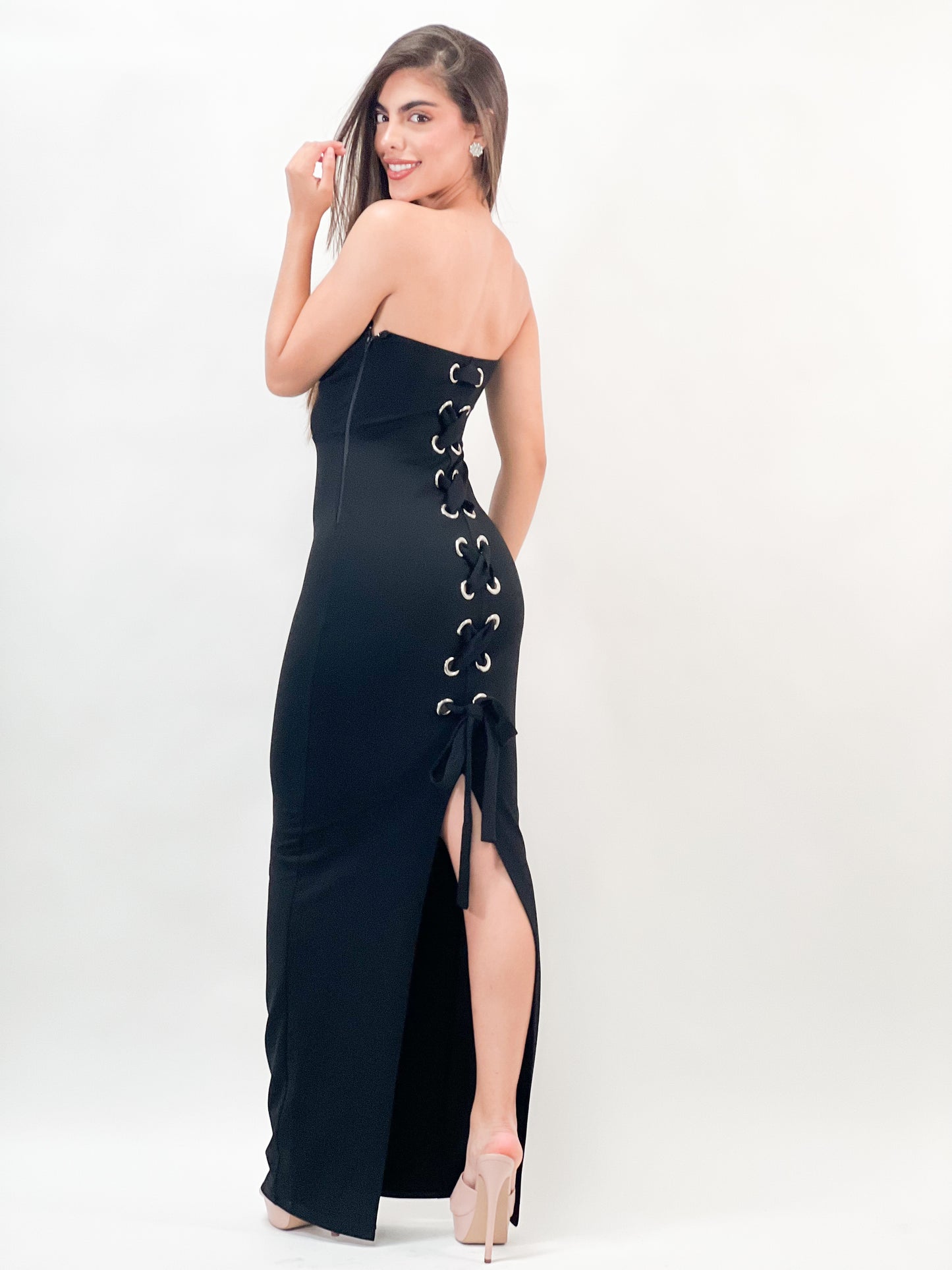 Lace Up Back Tube Top Maxi Dress