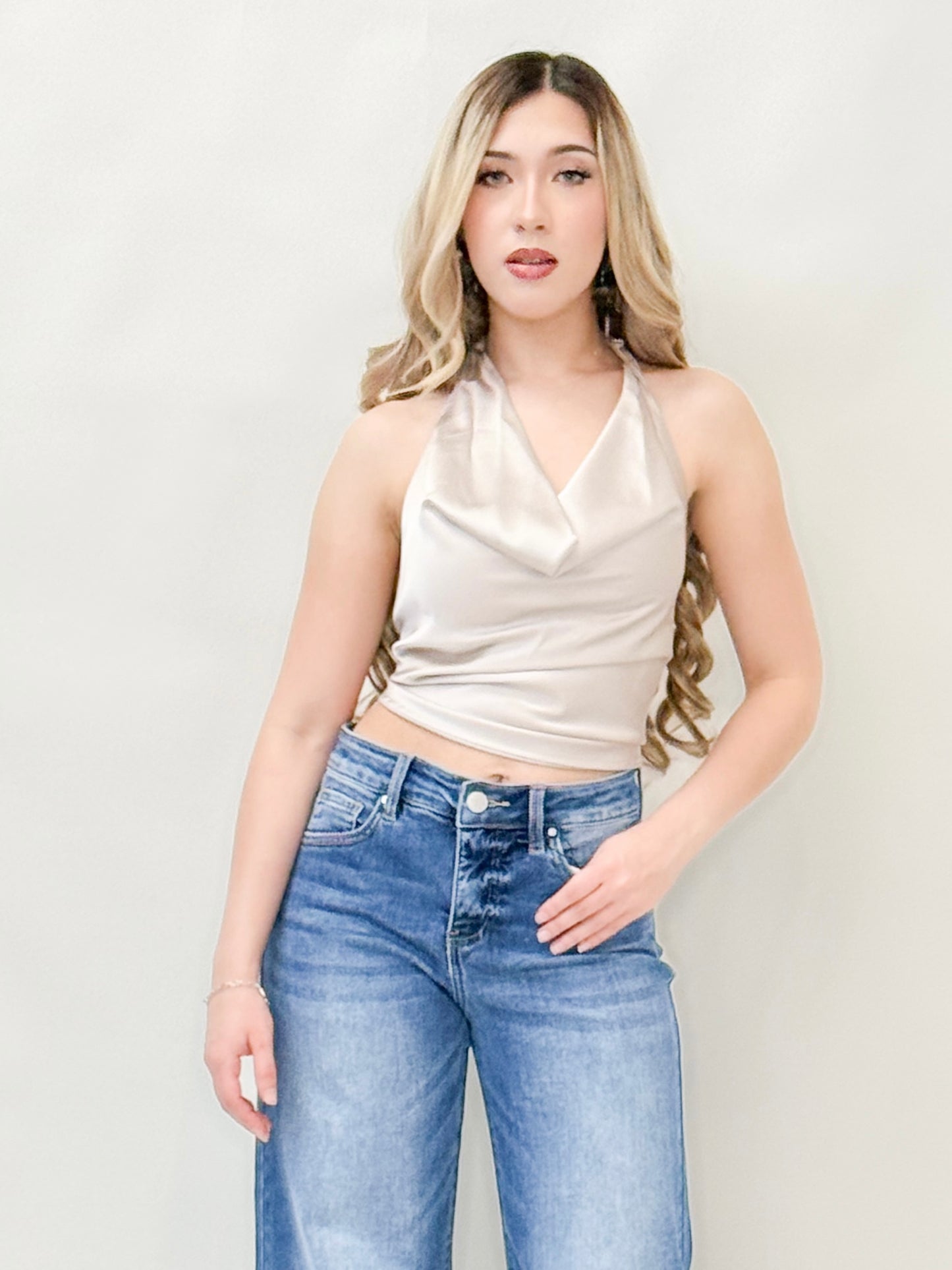 Satin Cowl Neck Halter Top
