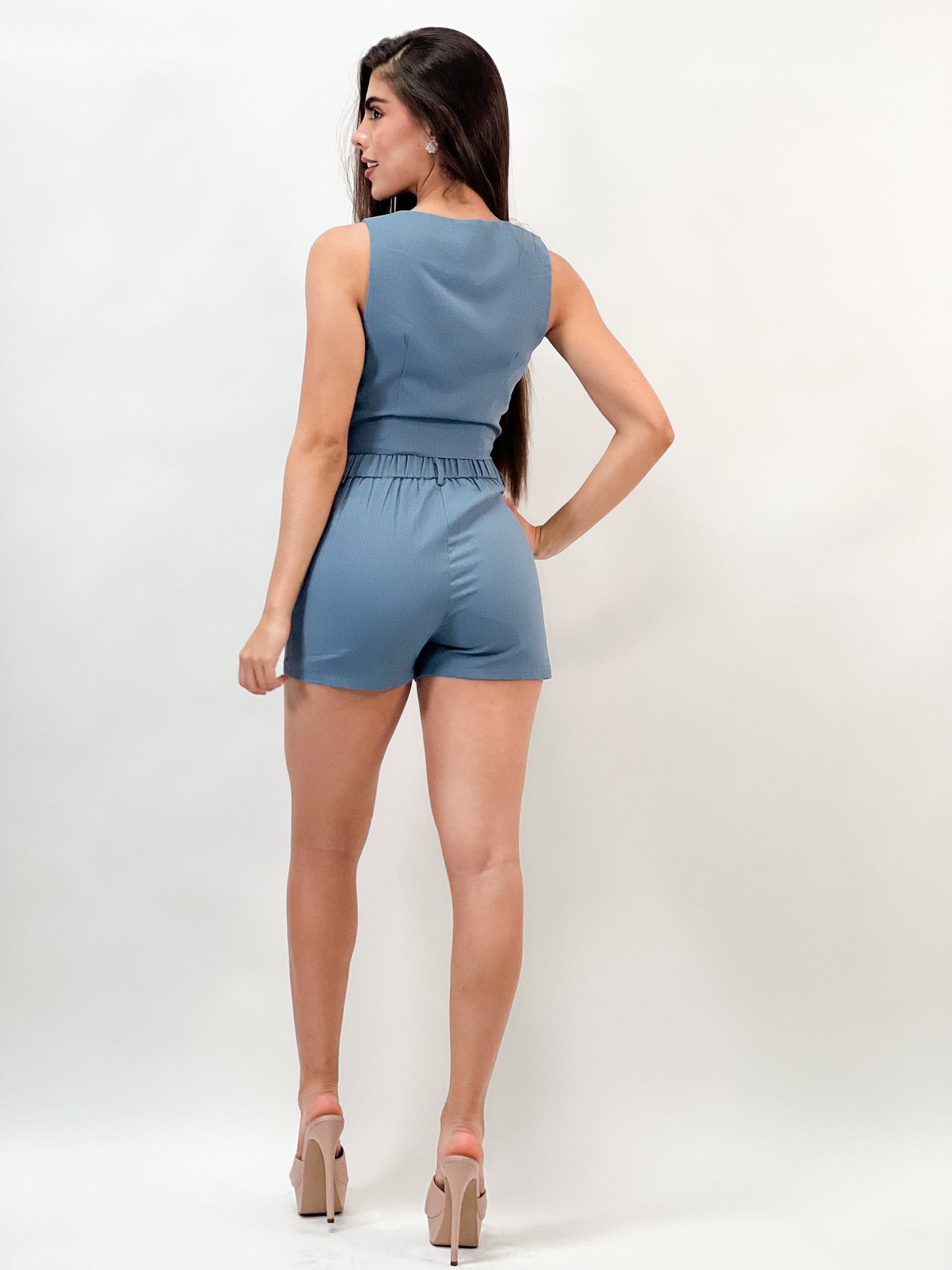 Button Front Vest Blazer And Slant Pocket Shorts