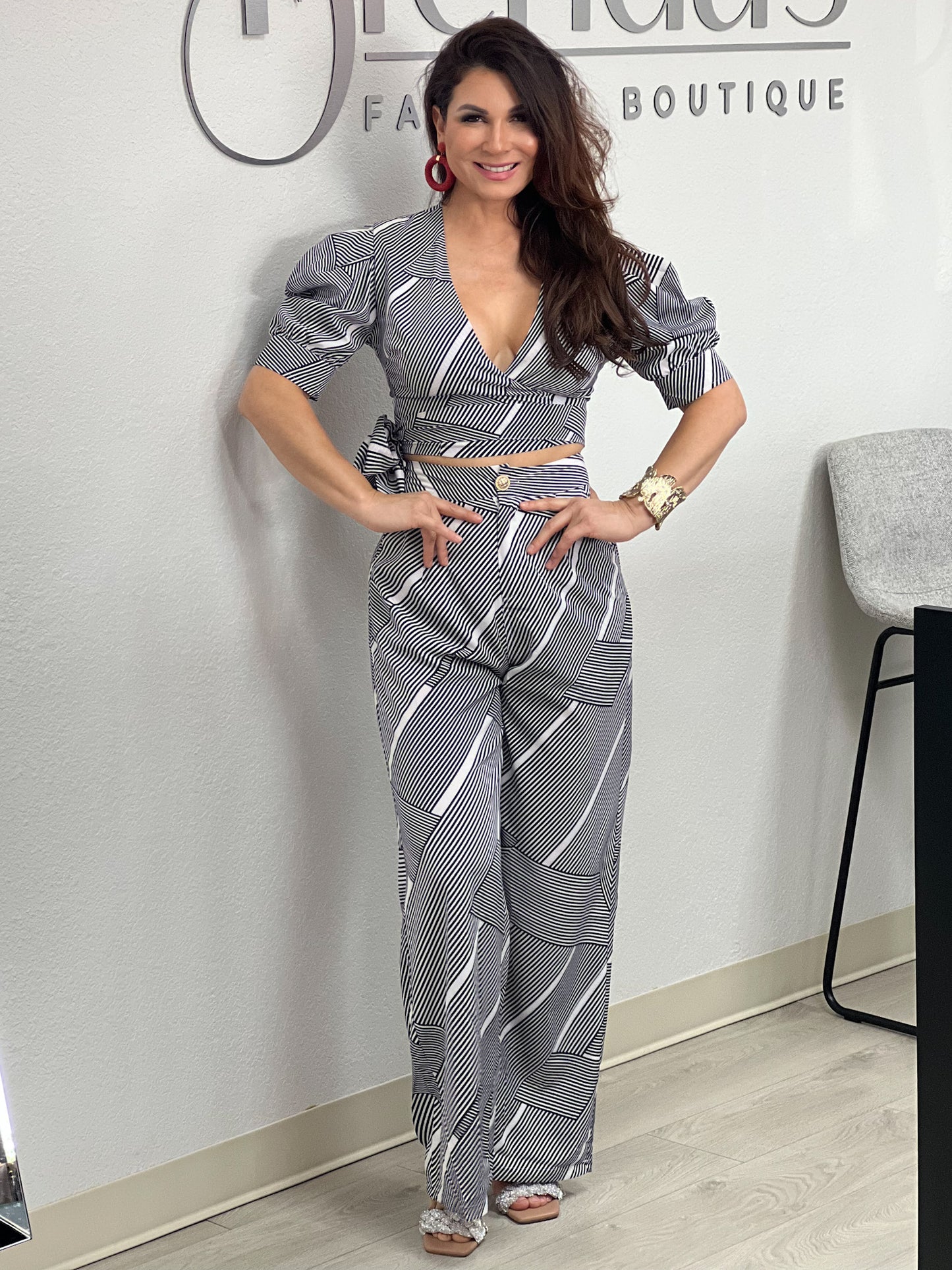 White and Black Wide-Leg Pant Set with Crop Top for Women