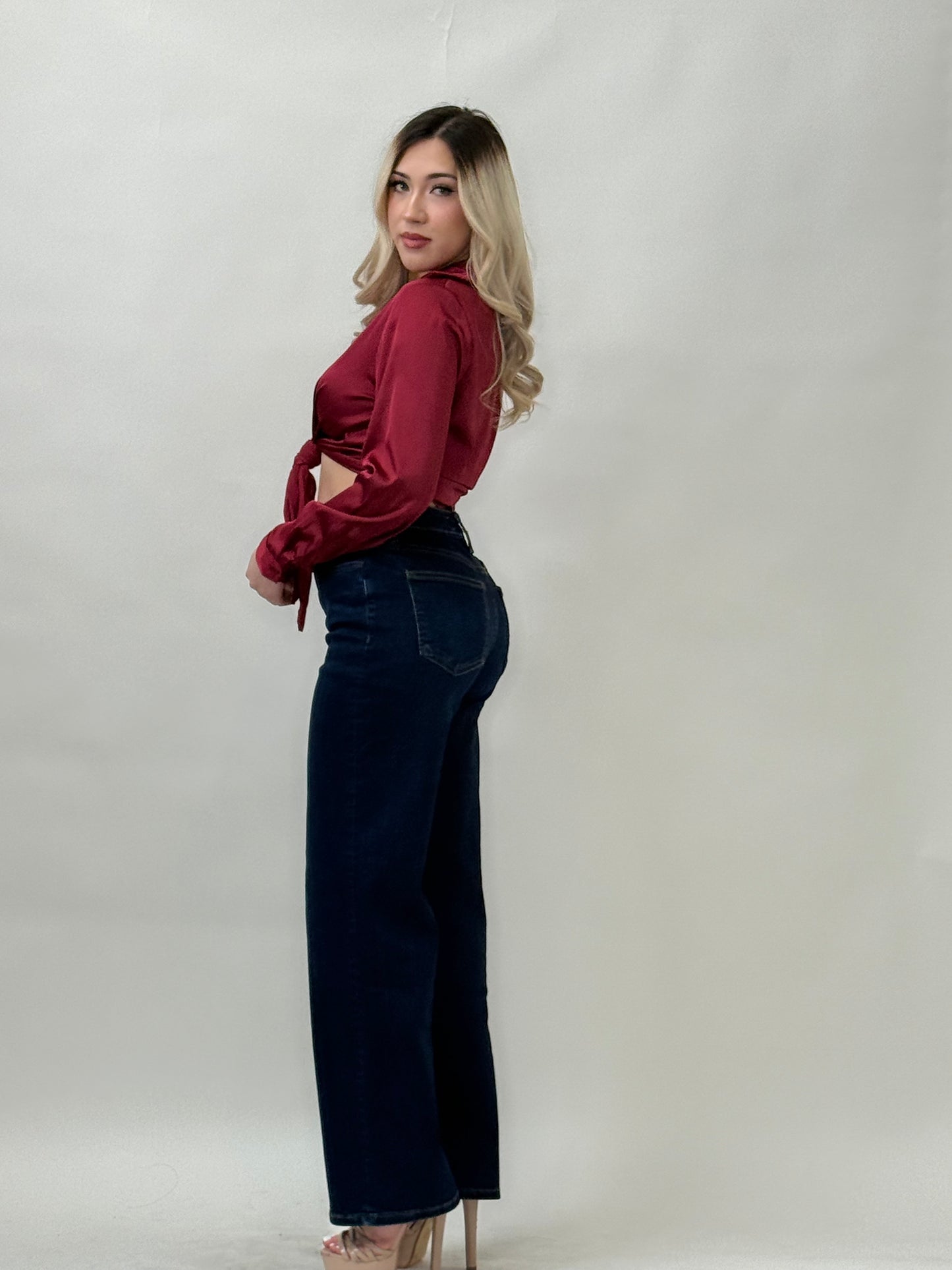 Burgundy Satin Tie-Front Blouse