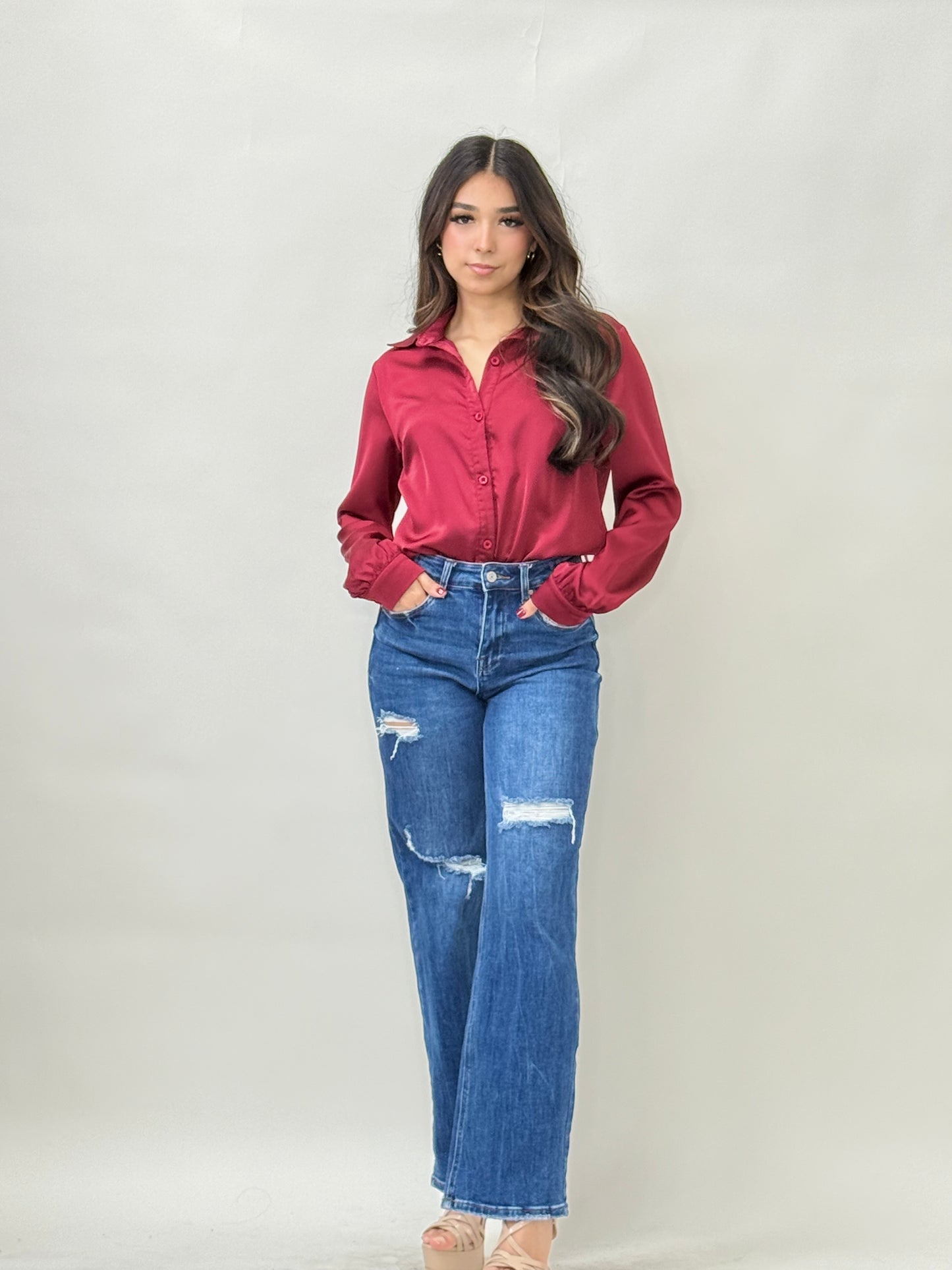 Burgundy Satin Button-Down Blouse