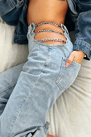 Side Cutout Chain Wide Leg Jeans