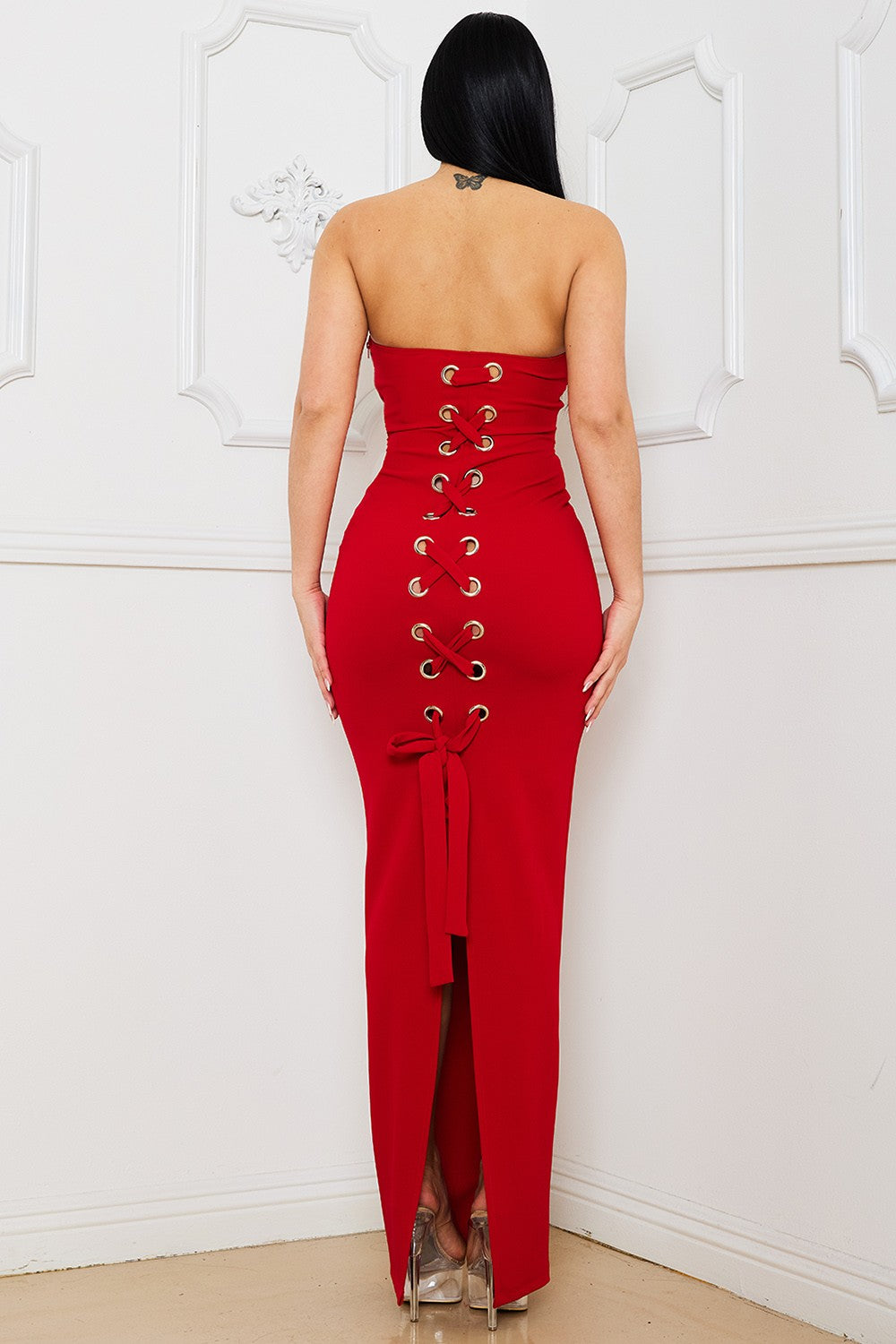 Lace Up Back Tube Top Maxi Dress