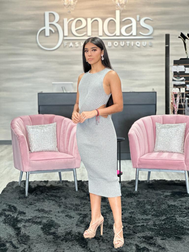 Sleeveless Ribbed Sweater Grey Midi Dress