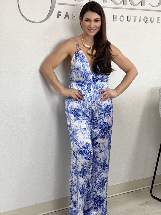 Printed Satin Asymmetrical Wide-Leg Jumpsuit