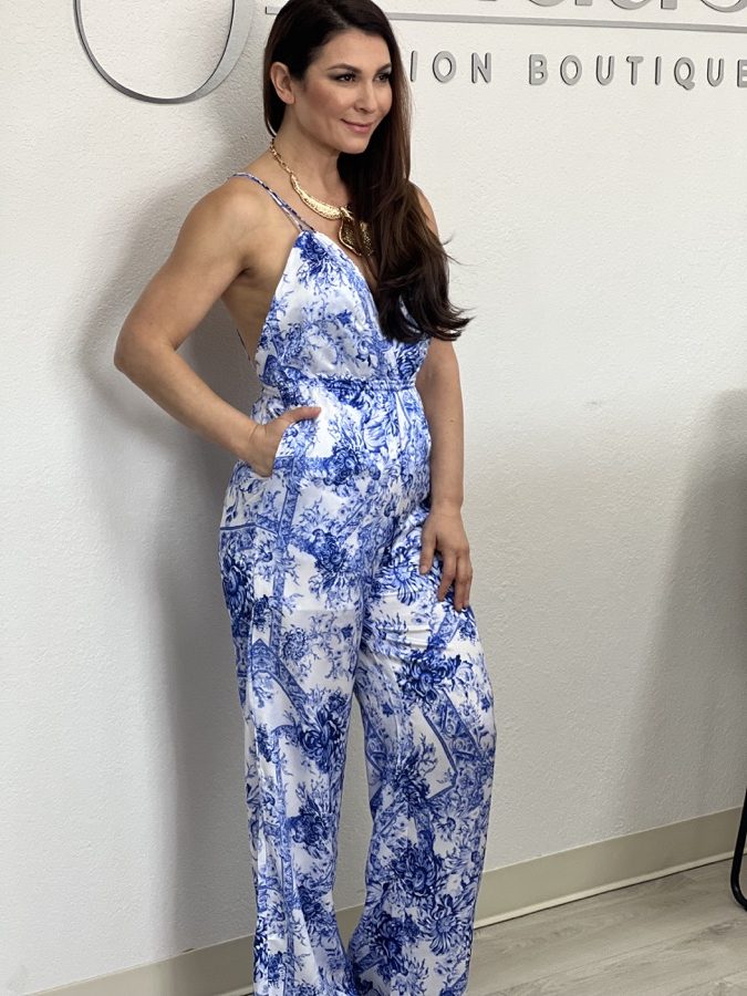 Printed Satin Asymmetrical Wide-Leg Jumpsuit