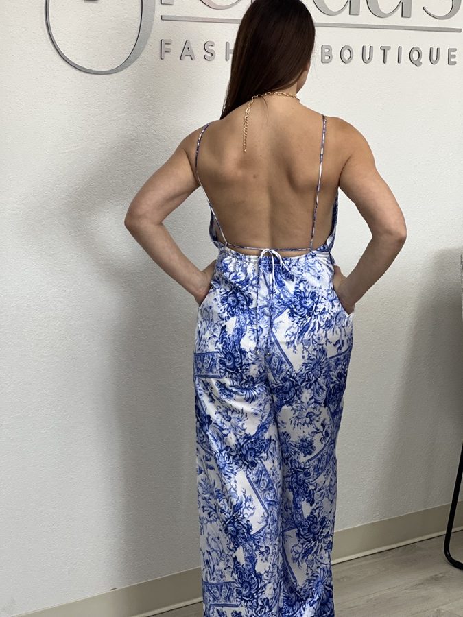Printed Satin Asymmetrical Wide-Leg Jumpsuit