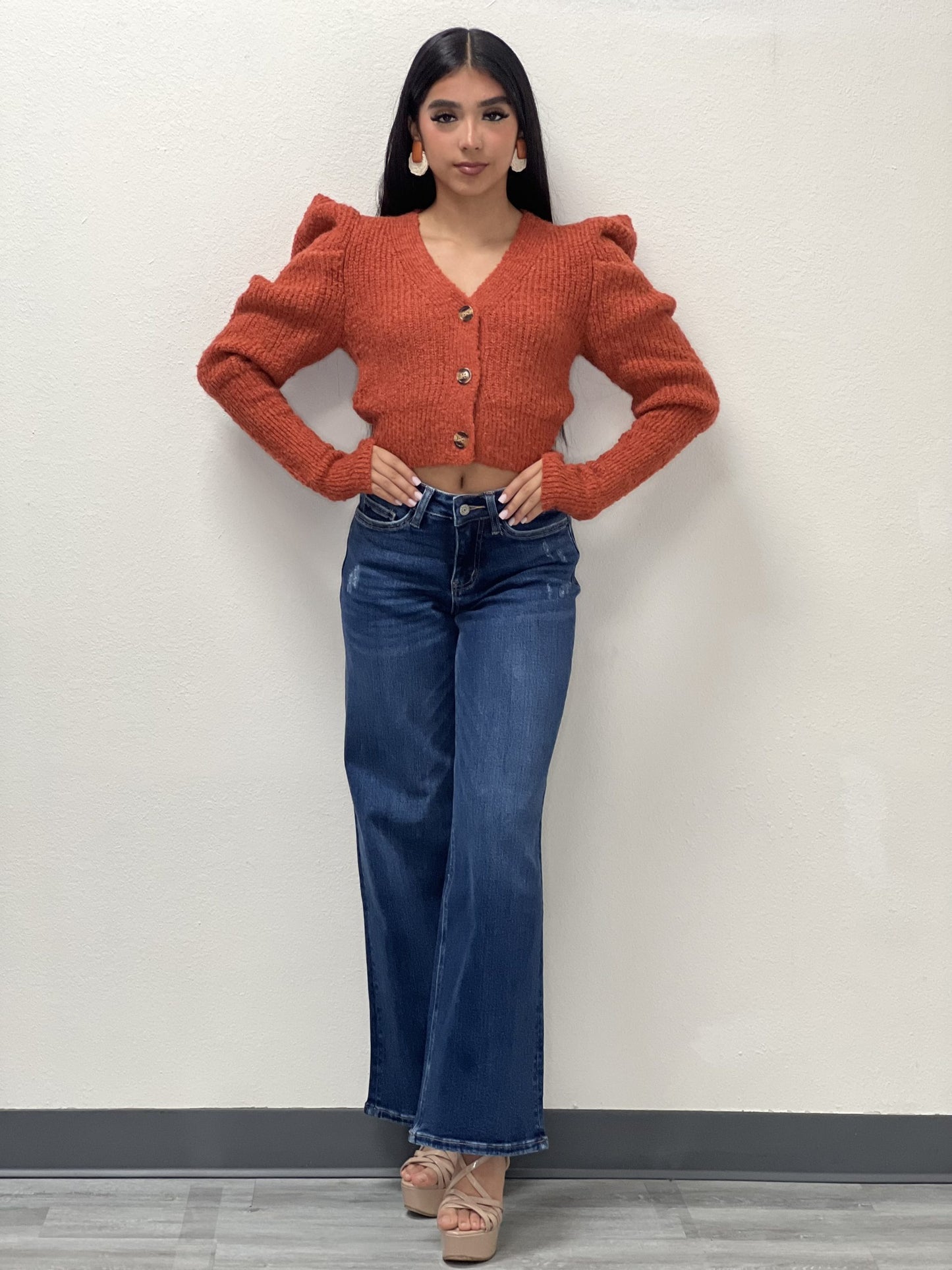 Puffed Shoulder Sleeves Button Front Wool sweater