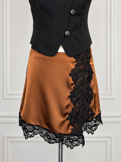 Cognac Satin Skirt with Black Floral Lace