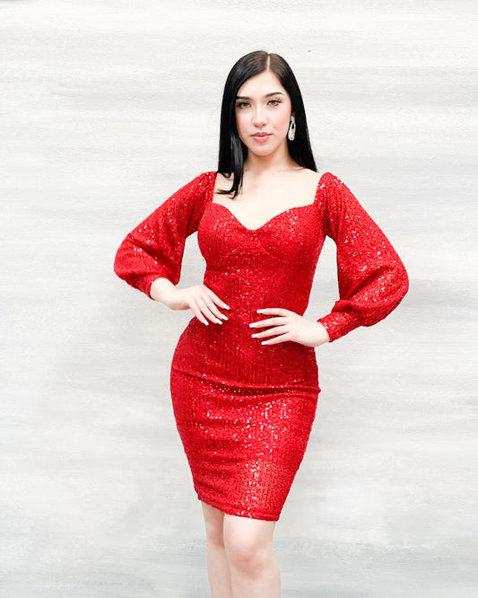 Sweetheart Neck Split Hem Sequin Bodycon Red Dress
