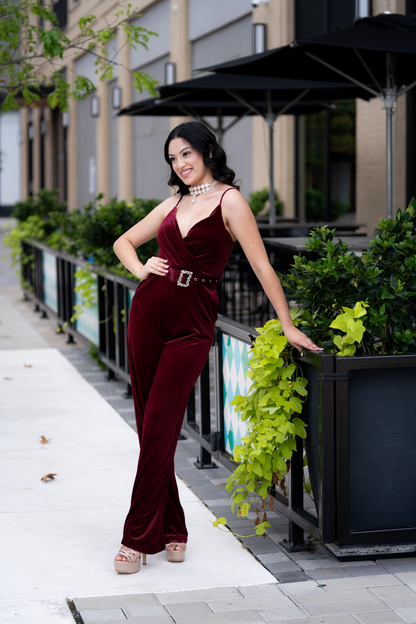 Rhinstone Belt Velvet Jumpsuit