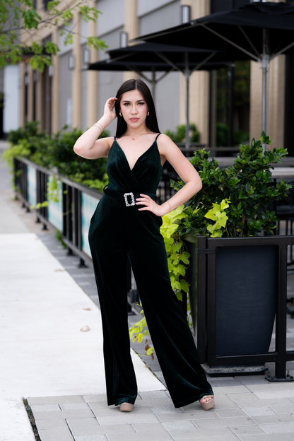 Rhinstone Belt Velvet Jumpsuit