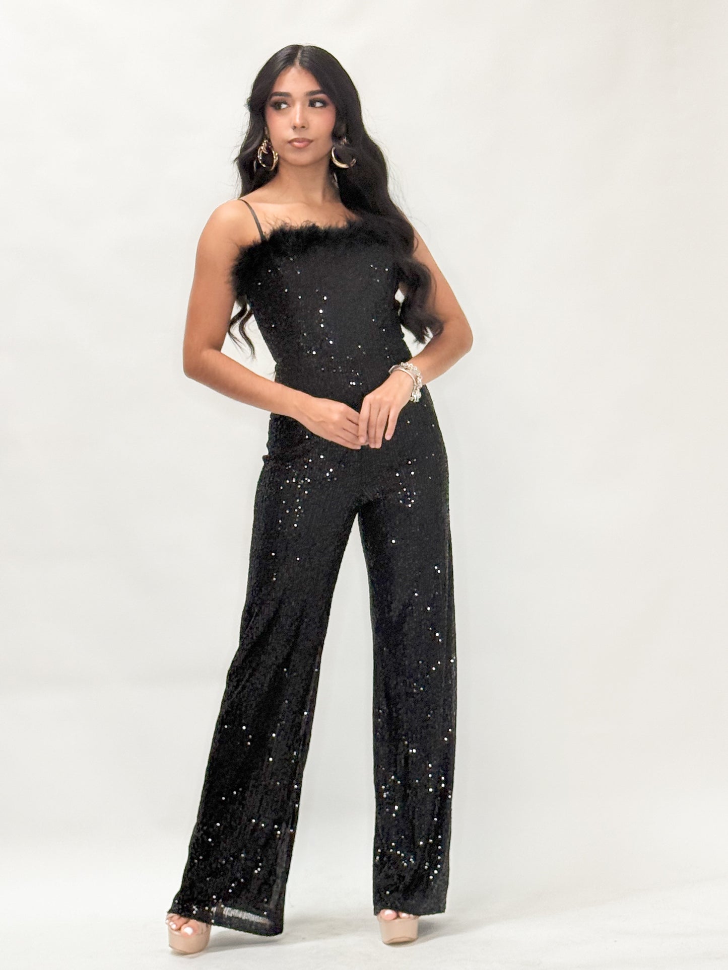  Black Faux Feather Trim Sleeveless Sequins Jumpsuit