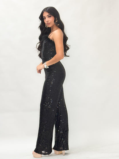  Black Faux Feather Trim Sleeveless Sequins Jumpsuit