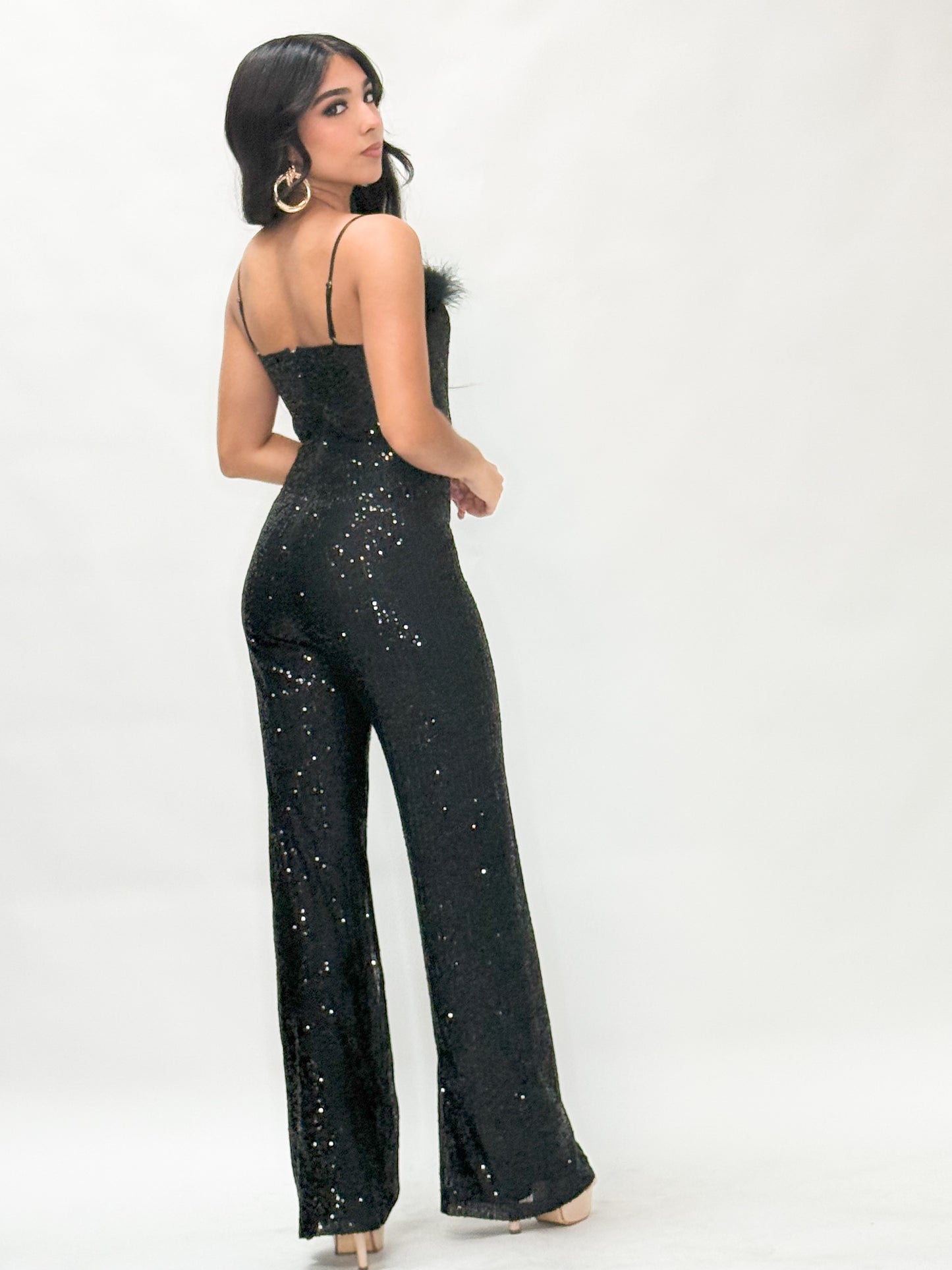  Black Faux Feather Trim Sleeveless Sequins Jumpsuit