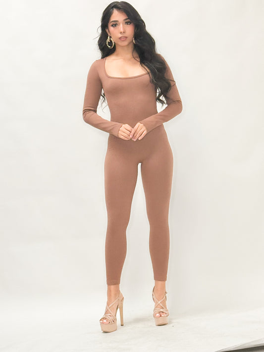 Square Neck Ribbed Long Sleeve Jumpsuit