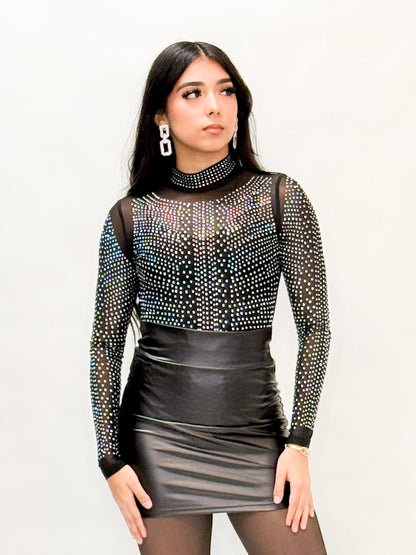 Silver Rhinestone Mock Neck