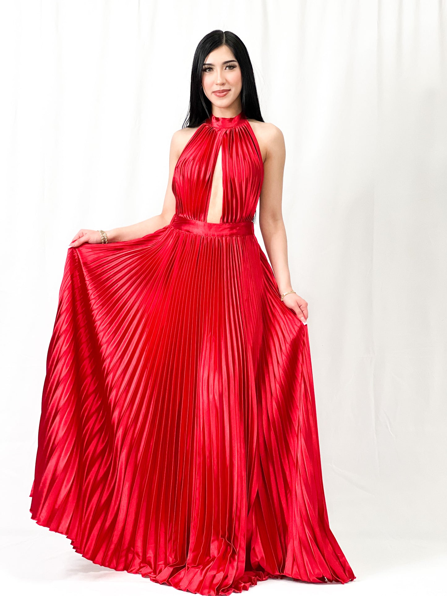 Pleated Satin Maxi Dress