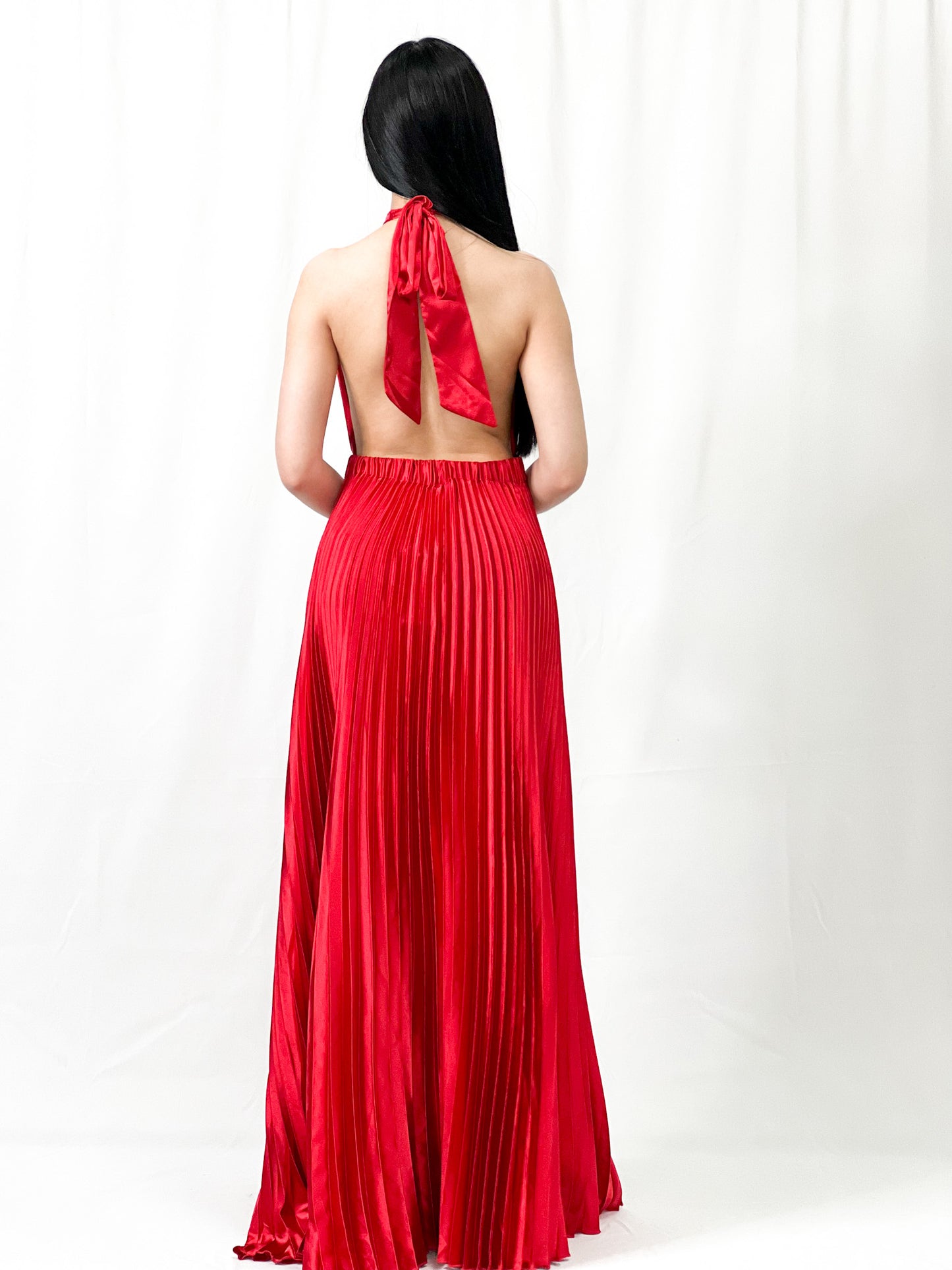 Pleated Satin Maxi Dress