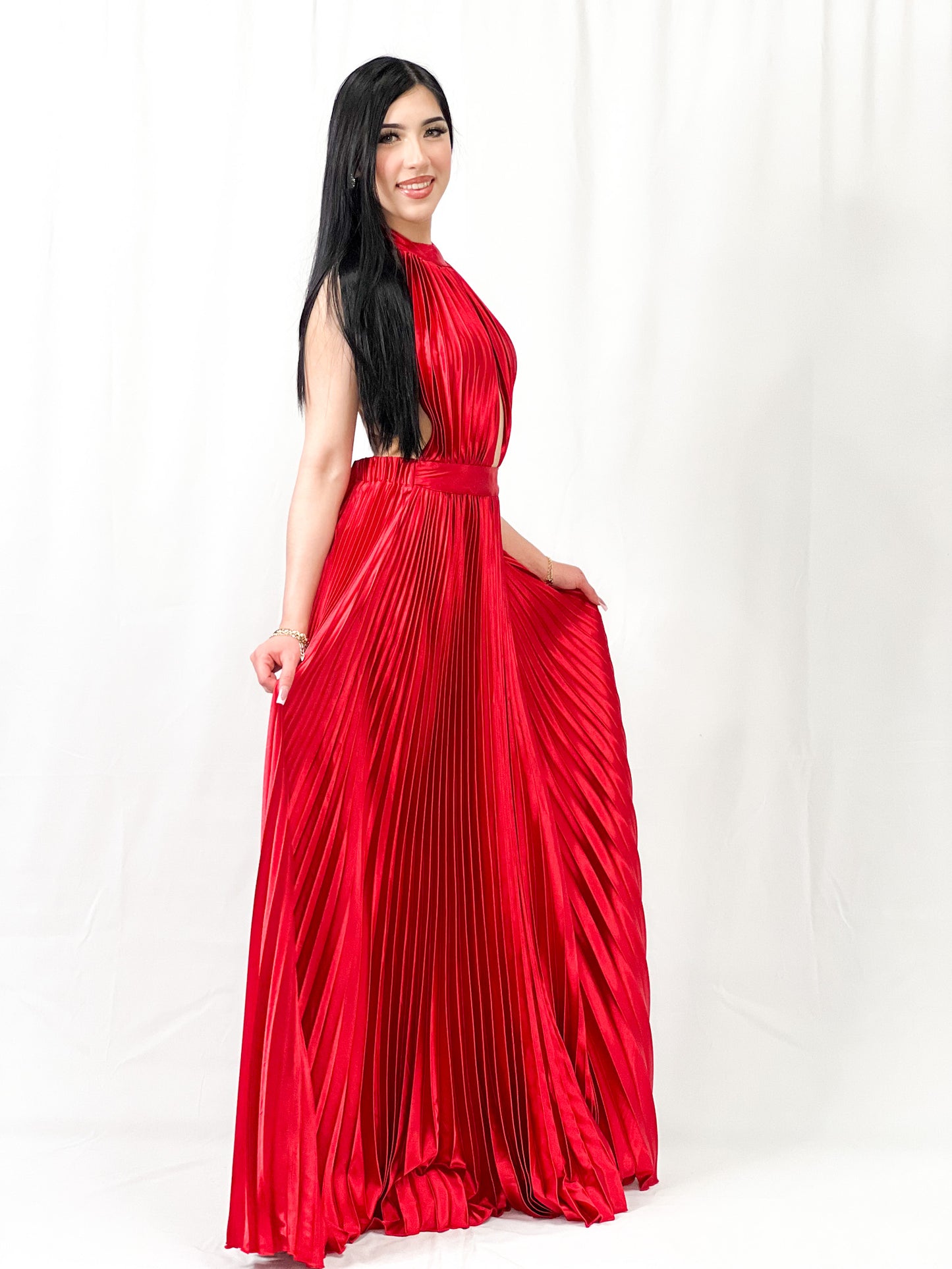 Pleated Satin Maxi Dress