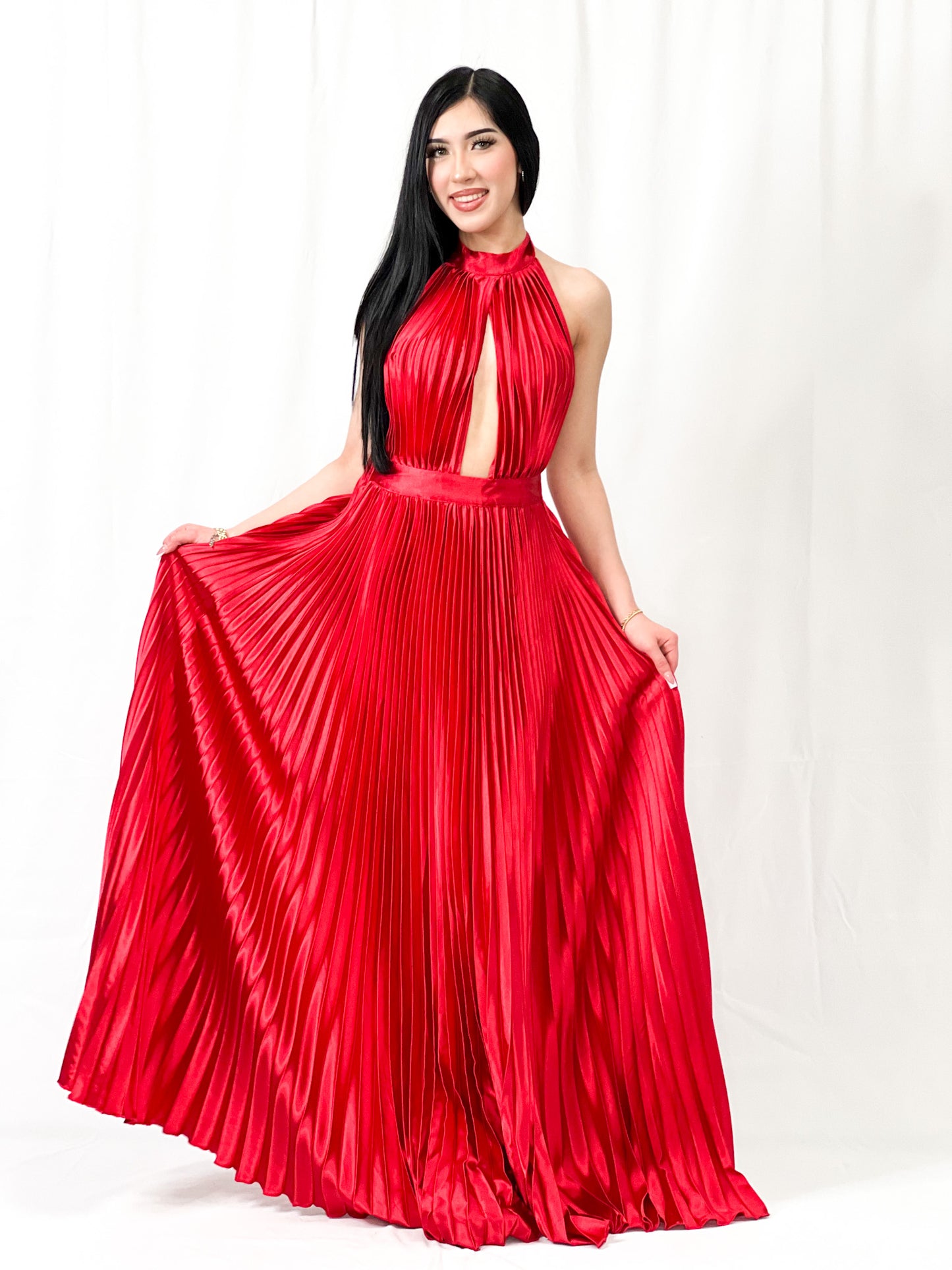 Pleated Satin Maxi Dress