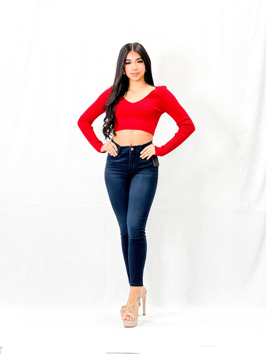 Long Sleeve Ribbed Knit Crop Sweater V-Neck