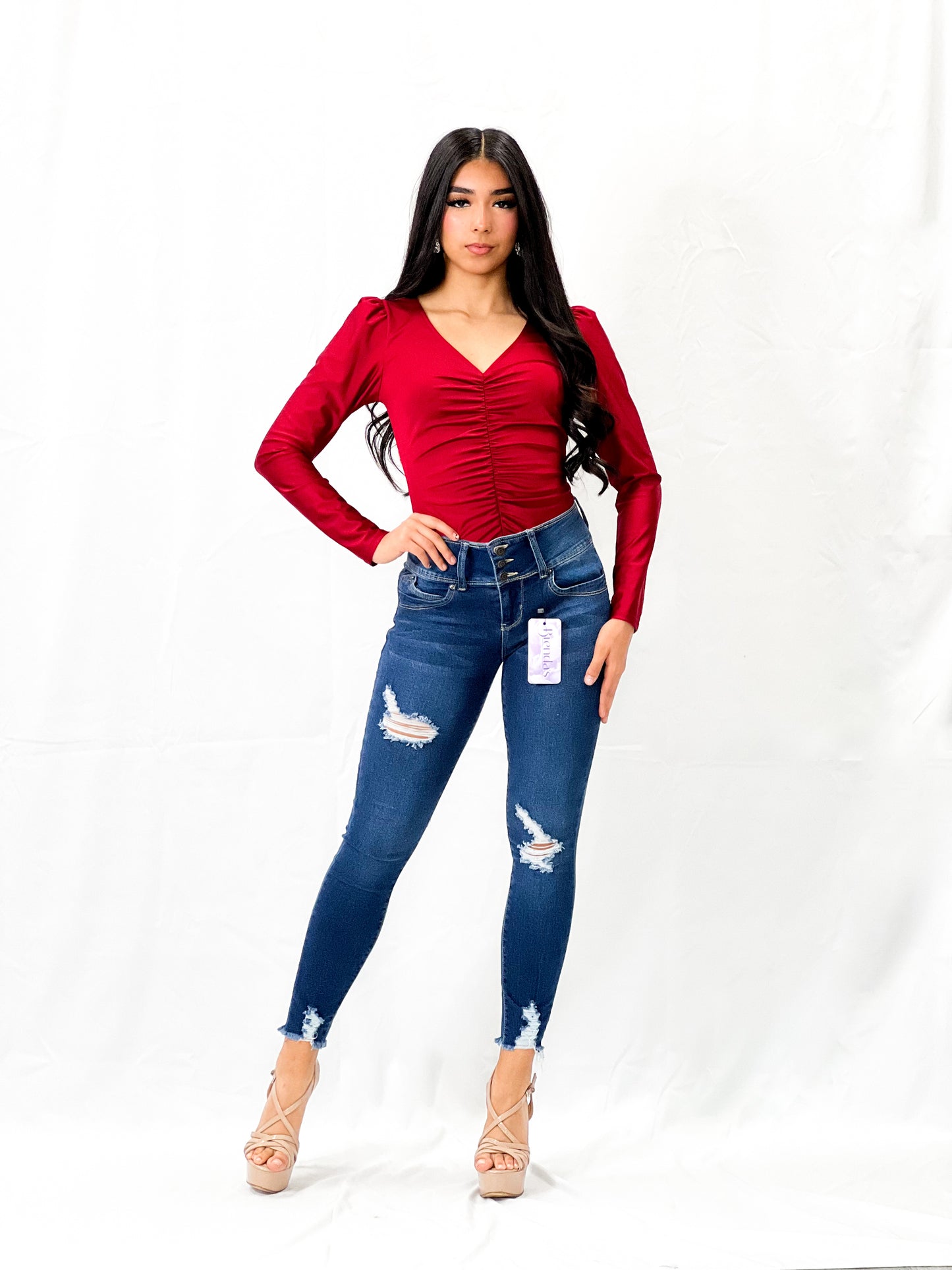 Red Ruched Long Sleeve Bodysuit