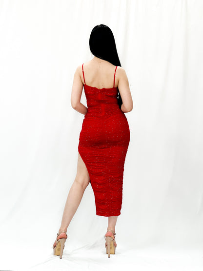 Long Mesh Midi Red Dress With Hotfix Stone