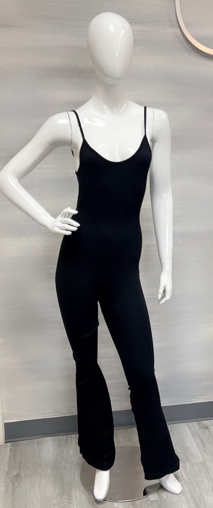 Ribbed Adjustable Spaghetti Strap Flare Jumpsuit