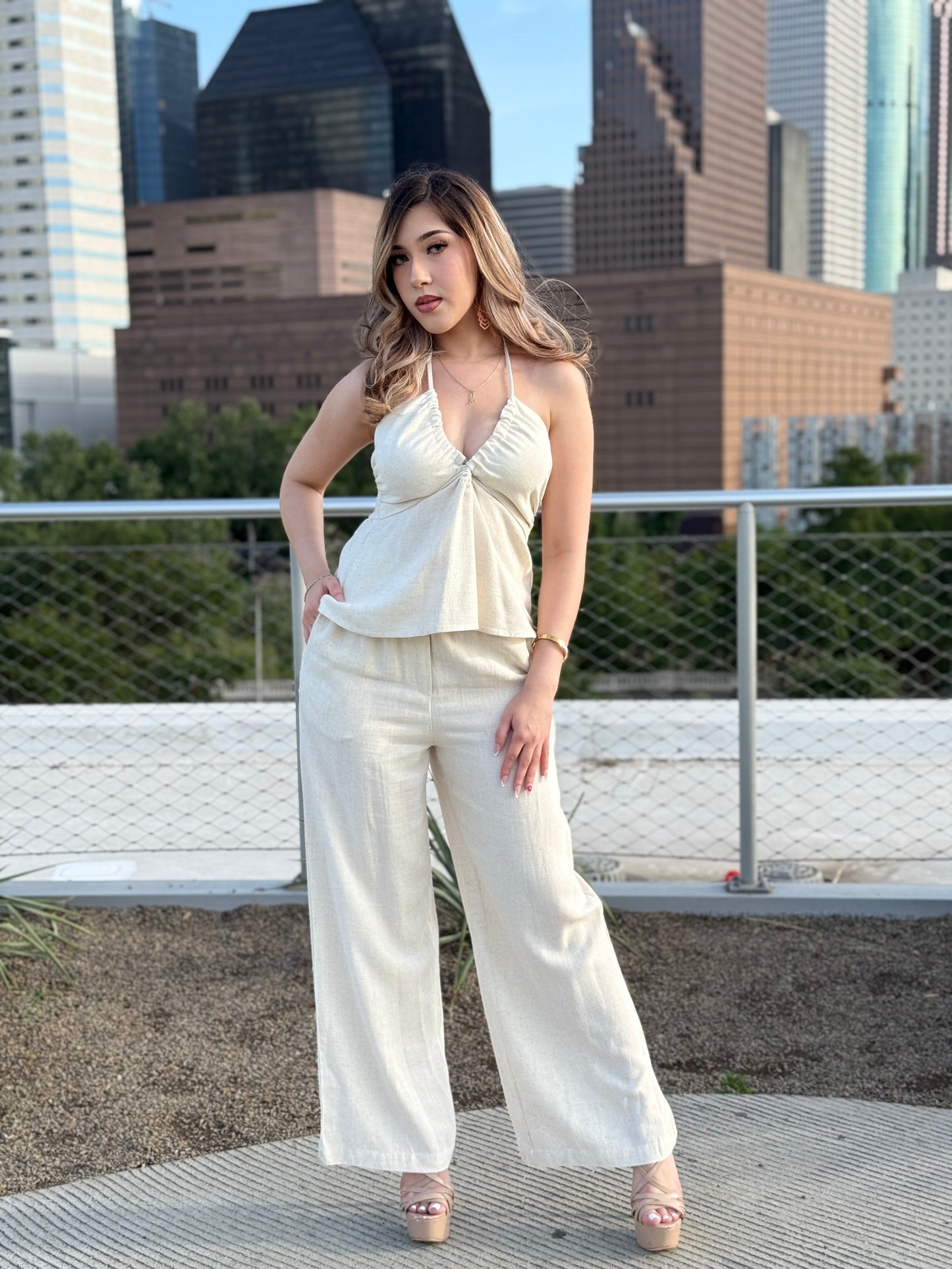 Halter Smocked Top And Elastic Waisted Long Pants set