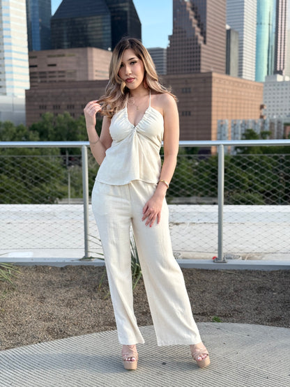 Halter Smocked Top And Elastic Waisted Long Pants set