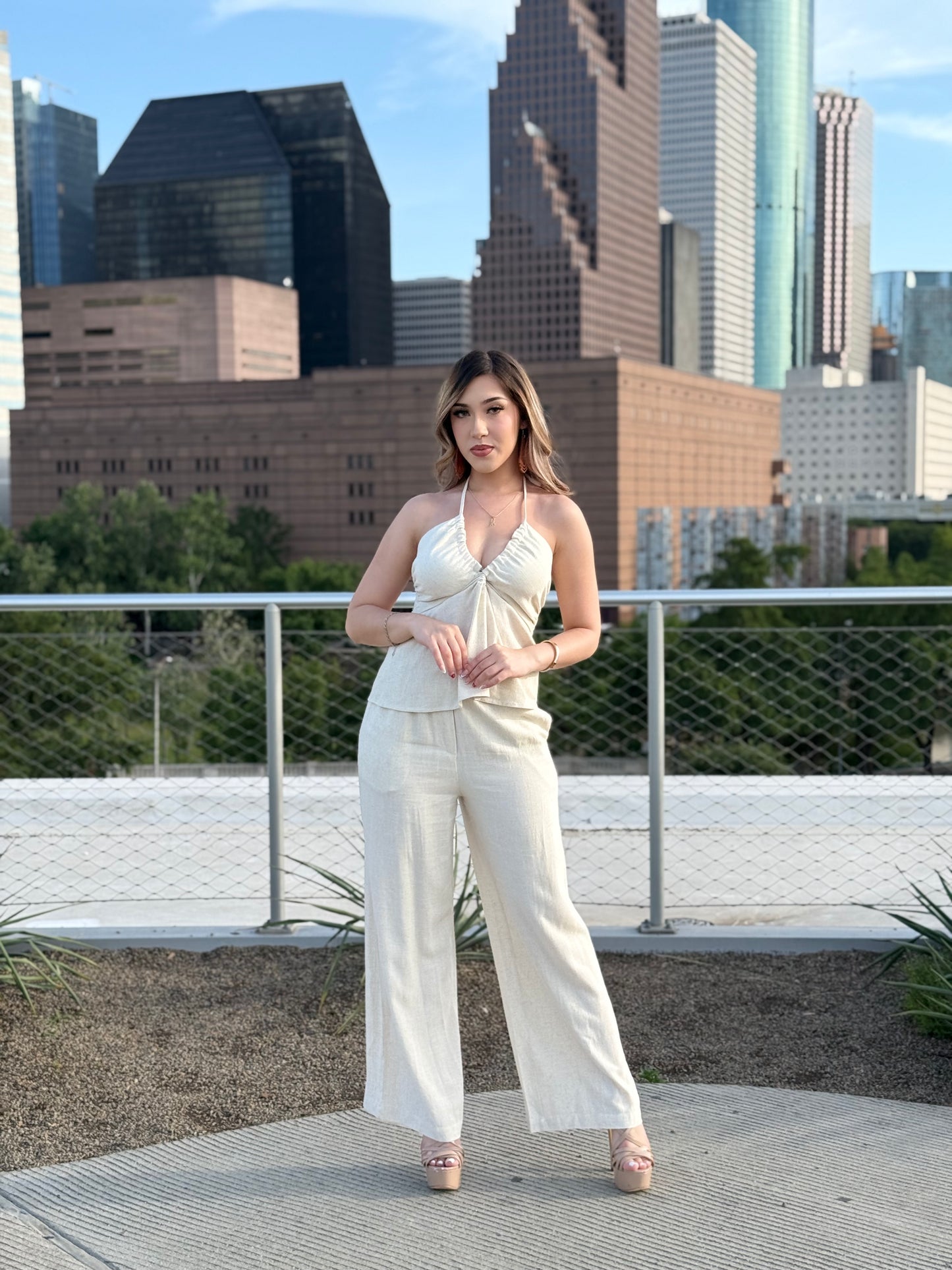 Halter Smocked Top And Elastic Waisted Long Pants set