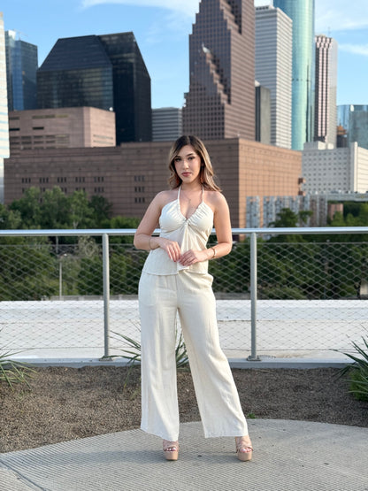 Halter Smocked Top And Elastic Waisted Long Pants set