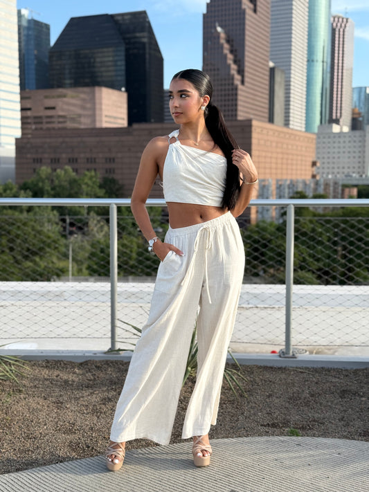 Halter Backless Top And Elastic Waisted Long Pants Set