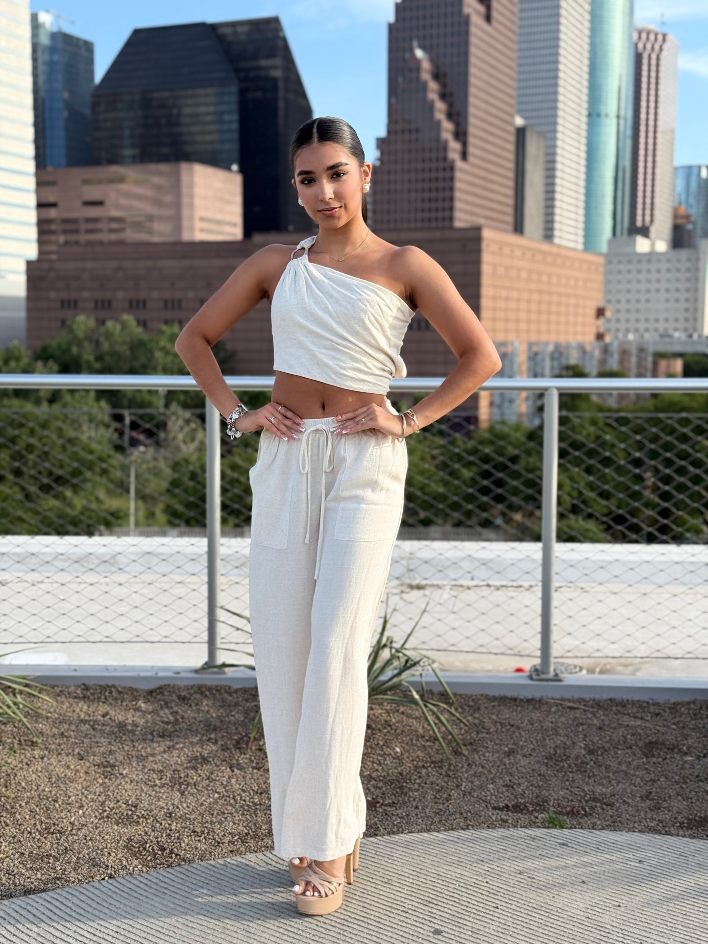 Halter Backless Top And Elastic Waisted Long Pants Set