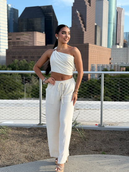 Halter Backless Top And Elastic Waisted Long Pants Set