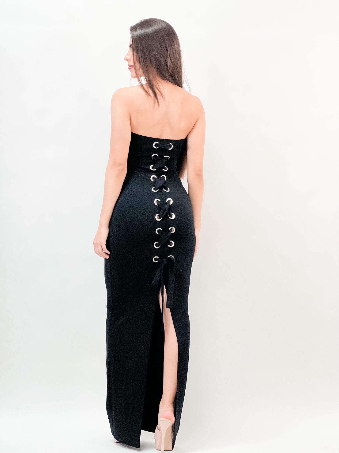 Lace Up Back Tube Top Maxi Dress