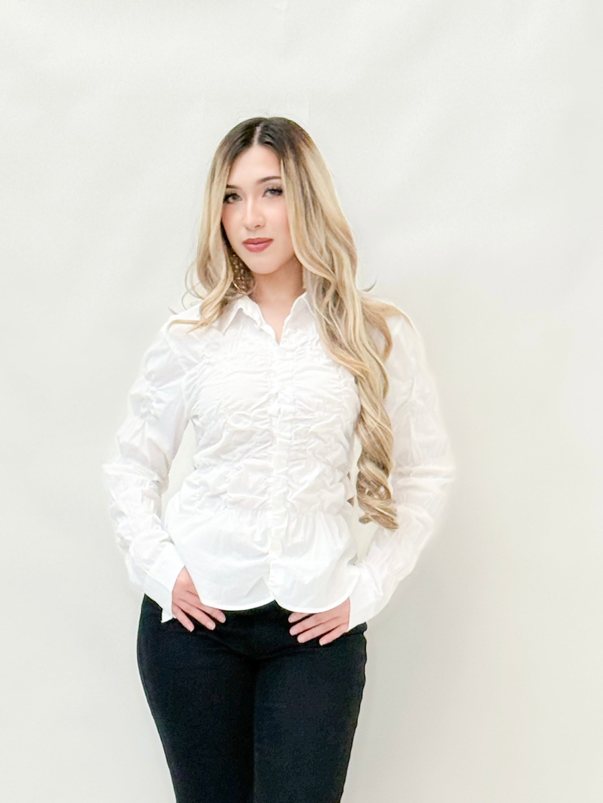 ruched dress shirt Effie Ruched Long Sleeve Shirt in White