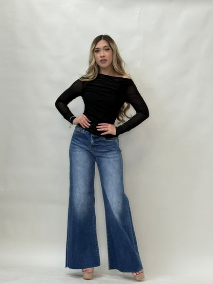 Off-Shoulder Ruched Mesh Sleeve Top