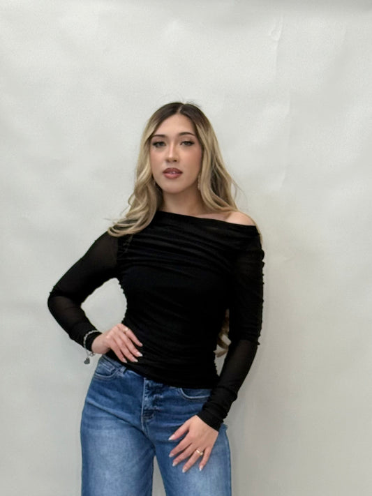 Off-Shoulder Ruched Mesh Sleeve Top
