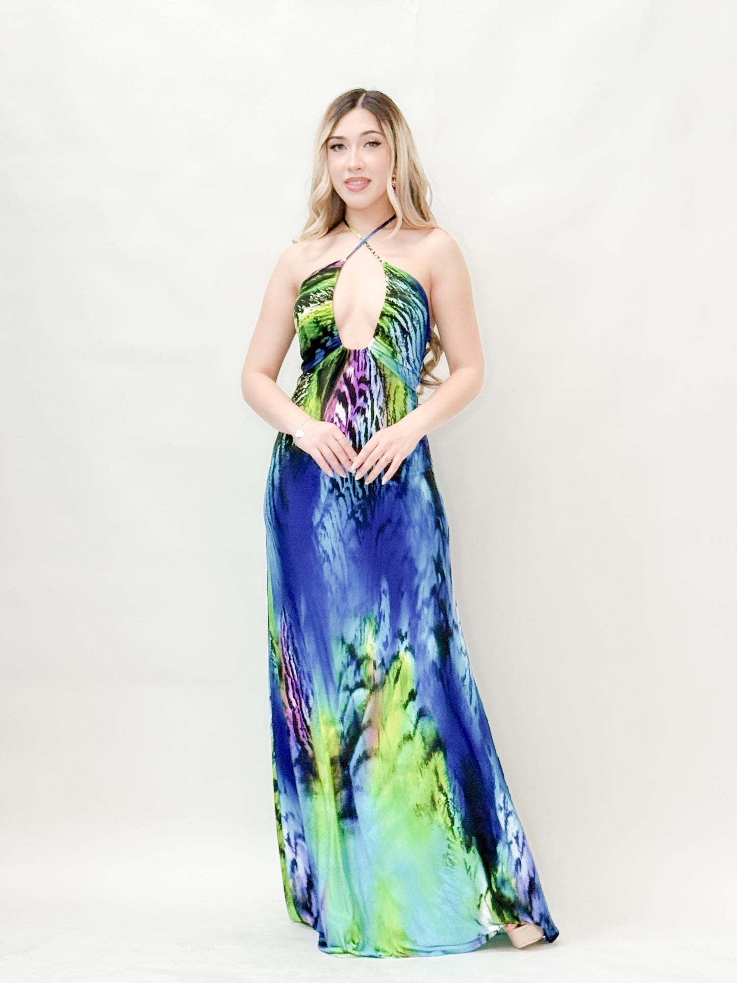 Abstract Print Halter Neck Maxi Dress