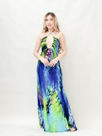 Abstract Print Halter Neck Maxi Dress